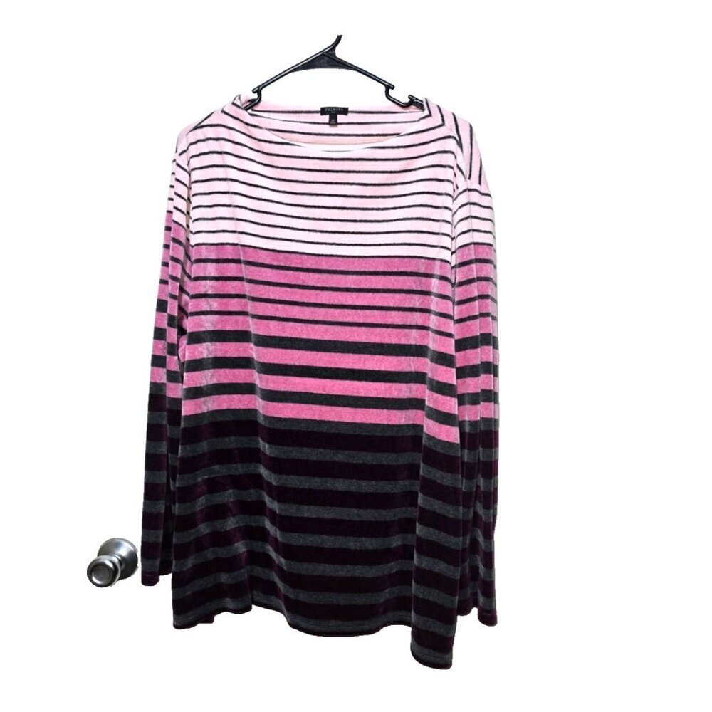 Talbots Sweater 2X Velour Stripe Pink Colorblock Pullover Stretch Comfort Casual